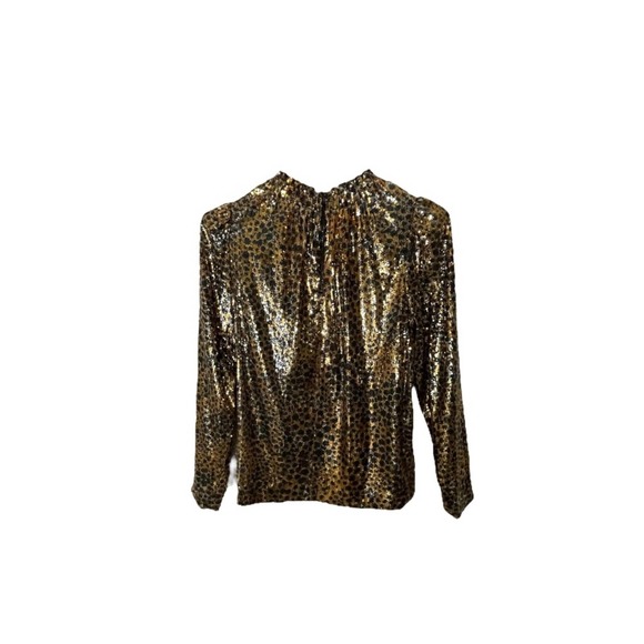 Sea NY Leopard Sequin Blouse Long Sleeve Elastic Neck Zip Back Gold Black Size 4 - Picture 2 of 6